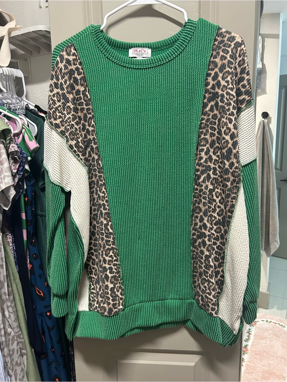 MoCo Boutique Green Leopard-Accent Knit Sweater